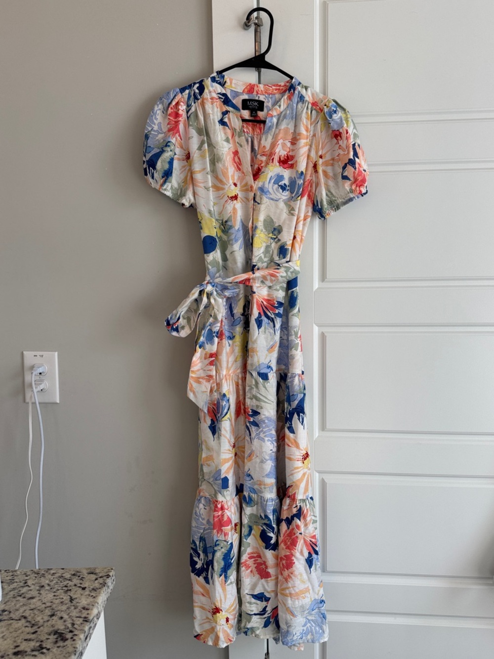 Lush Floral Wrap Midi Dress in White, Blue, Coral & Yellow